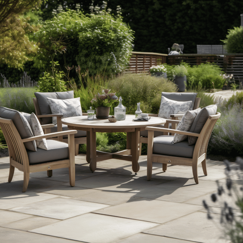 Contemporary patio featuring a stylish outdoor dining set with luxury garden furniture, surrounded by lush shrubbery and professionally landscaped greenery
