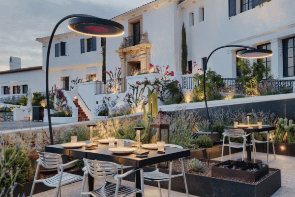 Eclipse outdoor heating and lighting product at a restaurant outdoor seating area