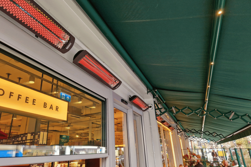 outdoor seating area outside a cafe bar, featuring Bromic wall mounted heaters.